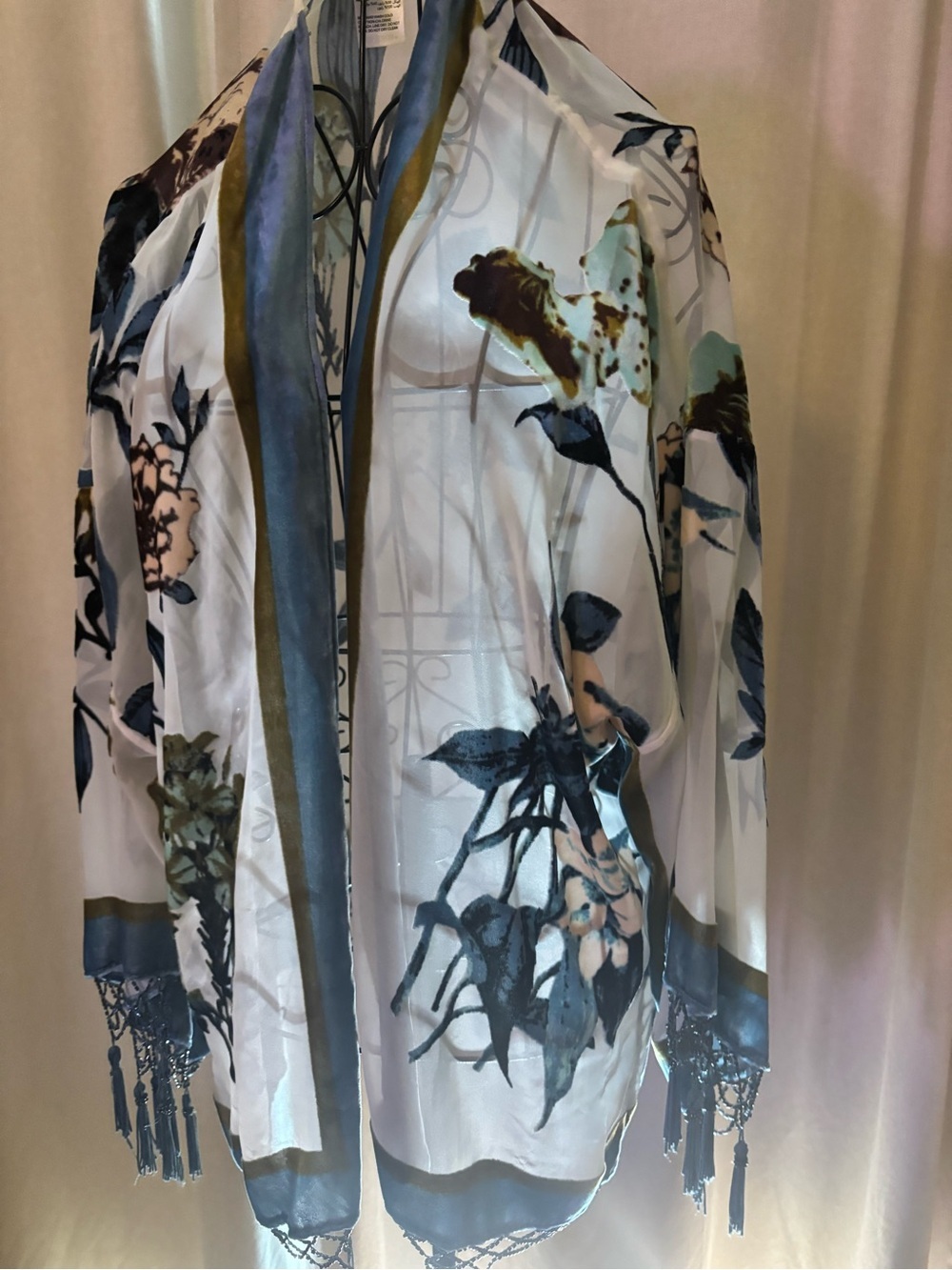 Chico's White Sheer Floral Kimono with Blue and Green Accents - Picture 3 of 14